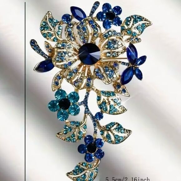๐โElegant Gold and Blue Floral Large Brooch ๐ - Picture 3 of 7